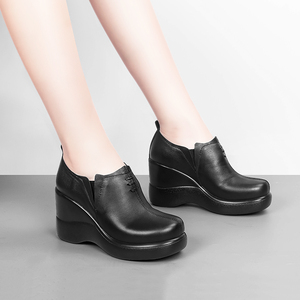 头层牛皮圆头坡跟皮鞋女深口百搭套脚中年妈妈鞋宽脚鞋软底真皮鞋