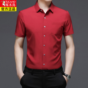啄木鸟衬衫男短袖红色本命年夏季男士上衣男式红衣长袖衫男款衬衣