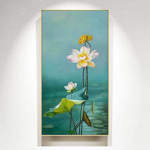 新中式纯手绘油画荷花图玄关装饰画客厅竖版挂画入户过道走廊壁画