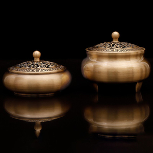 纯铜经典款平底镂空盘香炉家用室内摆件檀香薰炉全铜疯抢