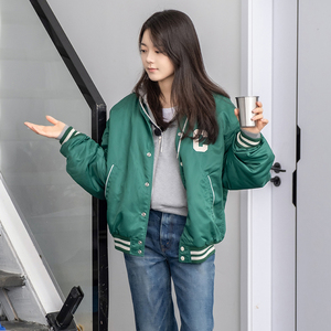 赵今麦同款衣服美式绿色棒球服女潮ins秋天2022新款复古夹克外套