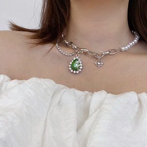 绝美！水滴绿色水晶超仙小众设计感珍珠锁骨连女气质个性复古项链