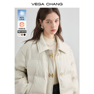 VEGA CHANG加厚PU皮羽绒服女2023年冬新款小个子白鸭绒保暖短外套