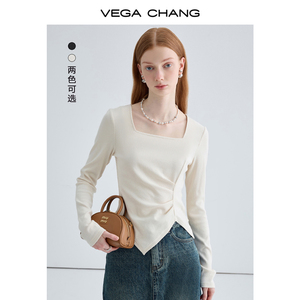 VEGA CHANG长袖t恤女2024年秋冬新款法式小众不规则针织打底上衣