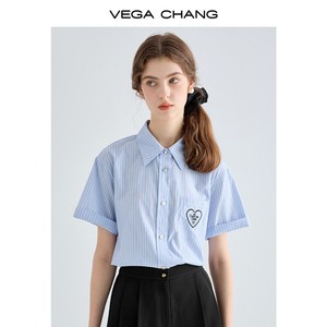 VEGA CHANG条纹衬衫女短袖2024年夏季新款通勤时尚刺绣宽松上衣
