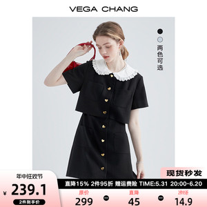 VEGA CHANG法式黑色连衣裙女夏季高级感小个子收腰显瘦赫本风裙子