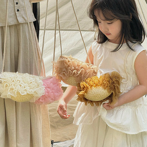 小众设计款儿童手提包小清新纱纱花边手工编织包女童宝宝拍照道具