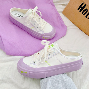 半托单鞋回力帆布鞋女夏款半包头半拖鞋懒人一脚蹬拖鞋式女小白鞋