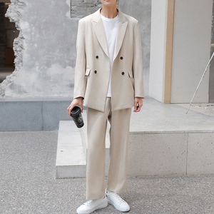 宽松西服套装两件套男韩国休闲西装外套上衣潮流百搭米白色小西装