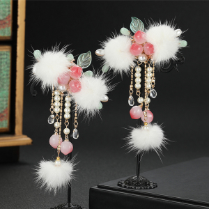 汉服儿童发夹边夹可爱桃子流苏女童头饰毛球秋冬古风发饰对夹配饰