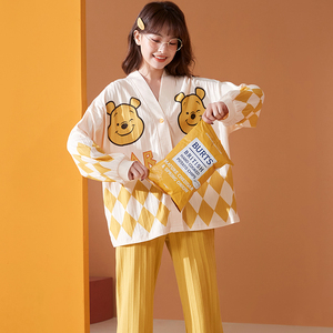 网红新款卡通小熊睡衣女可外穿纯棉长袖家居服2022年春秋冬季套装