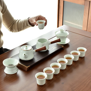 景德镇汝窑翡翠绿羊脂玉瓷茶具套装盖碗茶壶茶杯商务礼品可印logo