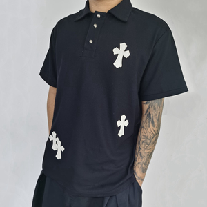 联名潮克罗心ch十字架皮标翻领黑色polo衫男士轻商务短袖暗黑风格