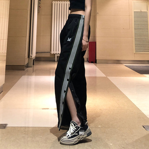 2020新款侧边蝴蝶排扣裤子男夏薄潮ins直筒宽松黑色休闲运动裤女