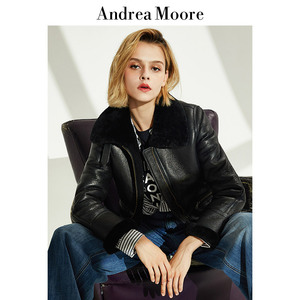 andrea moore冬季新款女装短款羊皮毛一体皮衣女士真皮皮草厚外套