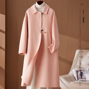 粉色双面羊绒大衣女中长款2023年新款可爱韩版减龄宽松毛呢外套冬