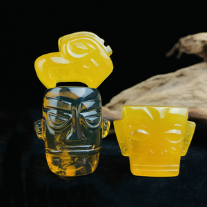 蓝珀珠宝琥珀三星堆青铜人中式蜜蜡吊坠雕件手工绳艺项链网红挂件