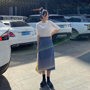 虎牙犬牙 雾霾蓝后开衩中长款半身裙女高腰显瘦新款韩版百搭a字裙