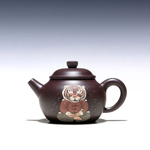 【陶源】宜兴名家尹霞纯全手工紫砂壶茶壶 紫泥泥绘静思虎200cc