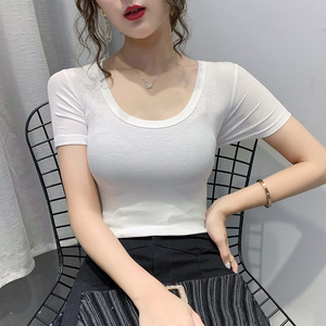 大胸高弹紧身短袖2022春夏新款性感修身显瘦纯色t恤百搭打底衫女