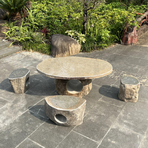 石桌石凳庭院一套户外花园天然青石茶台原石家用室外露天石头桌子