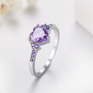 向南寻新品热卖仿天然紫水晶锆石爱心戒指女时尚婚礼心形指环珠宝