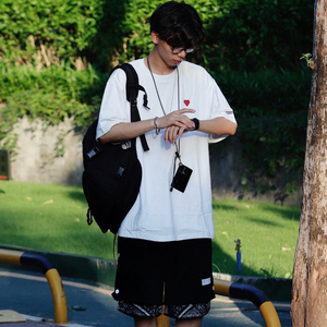 吴磊同款衣服查尔斯桃心短袖t恤男女爱心情侣装纯色纯棉宽松上衣