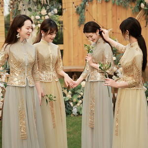 中式伴娘服2024新款春季婚礼长袖显瘦秀禾香槟金姐妹团礼服裙冬季