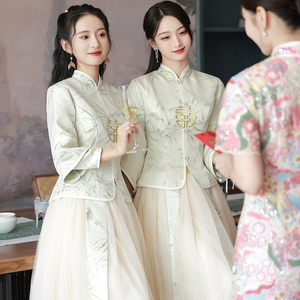 中式伴娘服2024新款夏季中国风大码长袖秀禾显瘦姐妹服伴娘团礼服