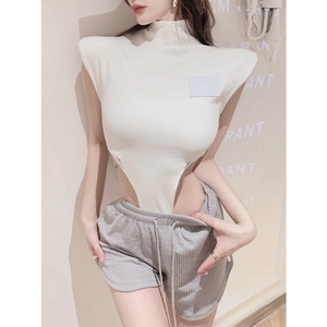 高叉连体勒阴上衣女连裆三角镂空露腰短袖性感辣妹紧身无袖t恤夏