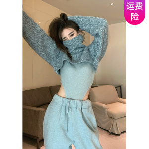 三角连体上衣女连裆性感两侧镂空打底衫灰色高领罩衫休闲裤三件套