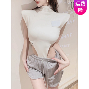 高叉连体勒阴上衣女连裆三角镂空露腰短袖性感辣妹紧身无袖t恤夏