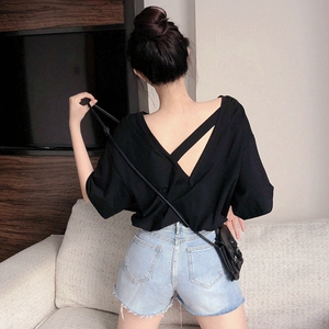 露背超火上衣女设计感宽松中长款下衣消失半袖性感后背镂空t恤夏