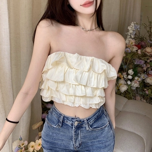 荷叶边一字肩抹胸上衣女性感热辣吊带背心夏季外穿短款露脐小裹胸
