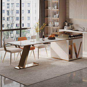 轻奢可伸缩岩板岛台餐桌一体网红高级感饭桌现代简约多功能中岛柜