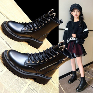 女童黑色皮靴秋冬2023新款儿童英伦风马丁靴中大童女孩公主高筒靴