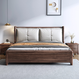 软包胡桃木床2米x2米2大床双人床现代简约储物新中式床实木床主卧