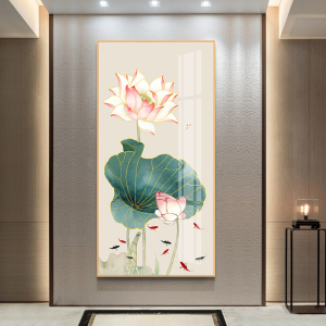 晶瓷画新中式玄关背景墙荷花装饰画入户过道竖版禅意壁画轻奢挂画