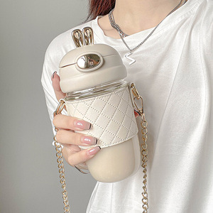 耐高温玻璃杯子女高颜值便携喝水杯高级感精致女生外带斜挎吸管杯