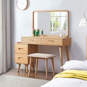 北欧实木梳妆台卧室床头柜化妆台收纳柜一体现代简约主卧镜子带灯