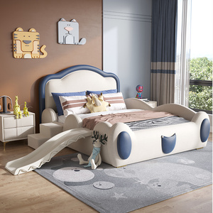 儿童床带护栏滑梯床轻奢男孩青少年单人床头层真皮卡通创意小孩床