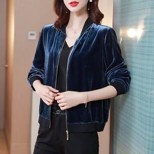 丝绒真丝外套真丝绒高端金丝绒春秋上衣夹克棒球服女桑蚕丝新款