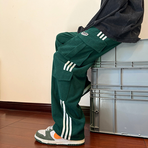 重磅墨绿色裤子男设计感小众多口袋工装裤美式oversize直筒阔腿裤