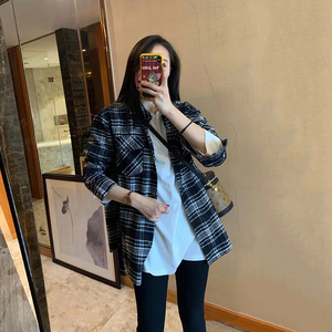 hlk港味街头复古格纹衬衫外套女2021春韩版宽松休闲百搭上衣ins潮