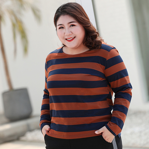 大码条纹t恤胖mm女春季新款加肥加大显瘦长袖胖人打底衫宽松200斤