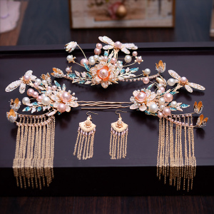 中式新娘秀禾头饰金色流苏u步摇凤冠古代结婚发饰秀禾服龙凤褂配