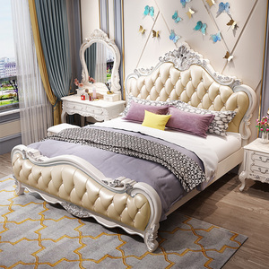 欧式法式卧室雕花真皮奢华双人床主卧室成套组合家具实木高箱婚床