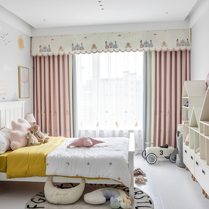 粉色可爱儿童房帘头窗帘城堡女孩公主房卧室纱帘遮光飘窗短款女童