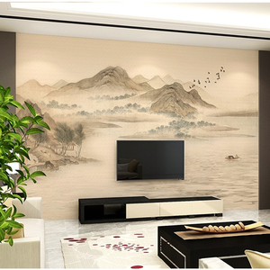 宁静致远山水壁纸新中式电视背景墙纸水墨国画客厅沙发办公室壁画