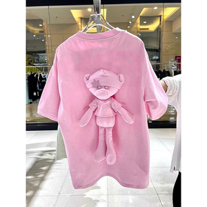 粉色短袖t恤女2023夏季新款字母刺绣幻影后背立体小熊玩偶上衣潮